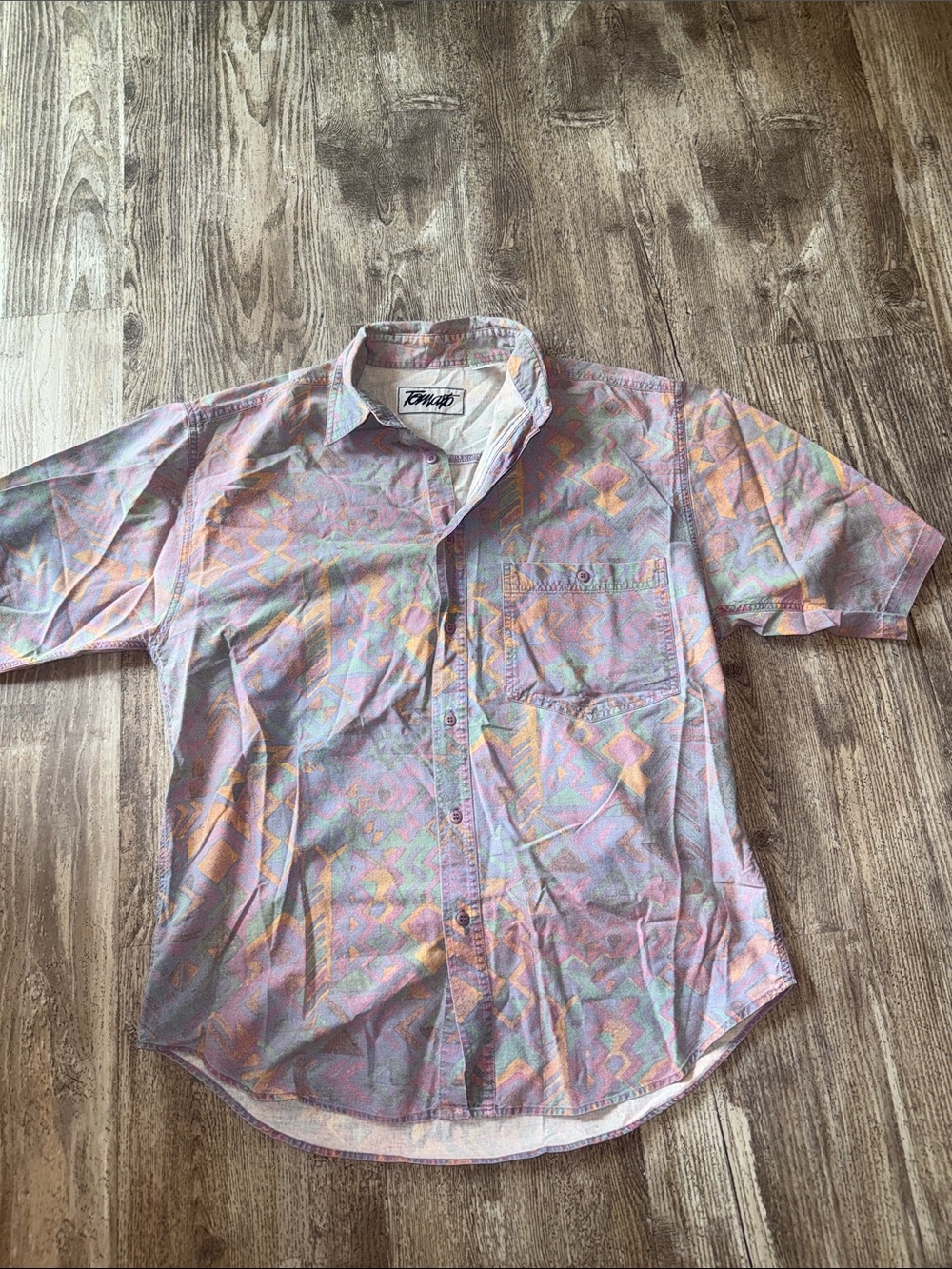 Tomato 90s Pastel Purple & Peach Geo Short-Sleeve Button-Down Shirt